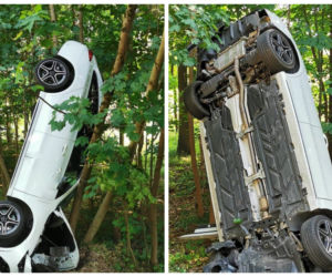 Wypadek na DK 16. Młody mężczyzna zasnął za kierownicą. Auto wylądowało w rowie [ZDJĘCIA]