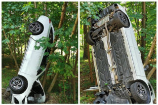Wypadek na DK 16. Młody mężczyzna zasnął za kierownicą. Auto wylądowało w rowie [ZDJĘCIA]