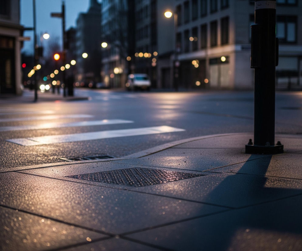 Ciemny słup sygnalizacyjny stoi po prawej stronie kadru na chodniku pokrytym drobnymi kroplami wody, odbijającymi światła miejskie. Chodnik, zbudowany z dużych, prostokątnych płyt, prowadzi do przejścia dla pieszych z jasnymi, poziomymi pasami na mokrej nawierzchni jezdni. W tle rozmazane światła uliczne i samochodowe, w tym czerwone i zielone światło sygnalizacji, oraz zarysy budynków tworzą mglisty, nocny krajobraz miejski.