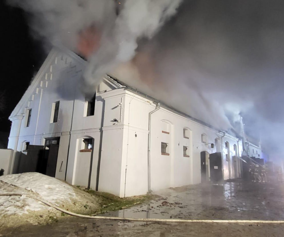 Potężny pożar stadniny koni przy zamku w Mosznie. Ewakuowano kilkadziesiąt zwierząt