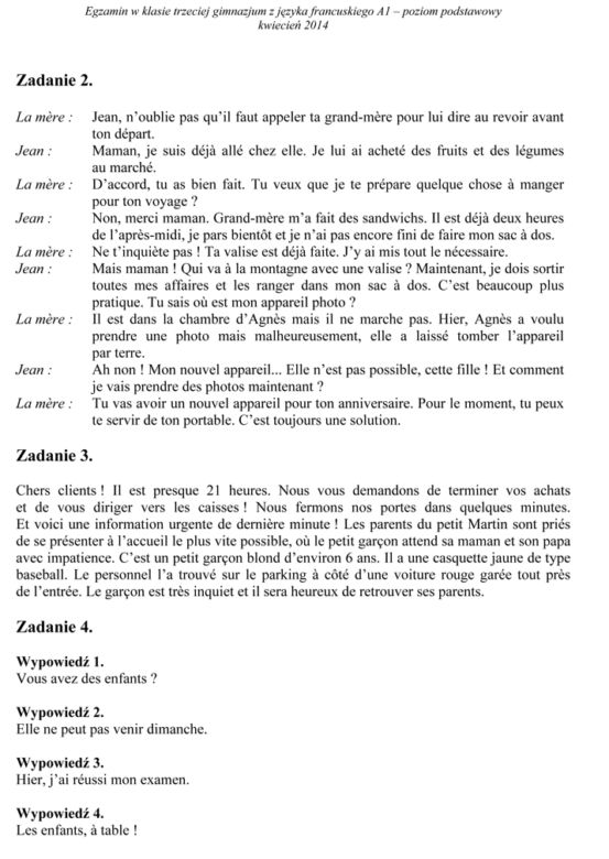 EGZAMIN GIMNAZJALNY 2014 FRANCUSKI: ARKUSZE, ODPOWIEDZI, ROZWIĄZANIA