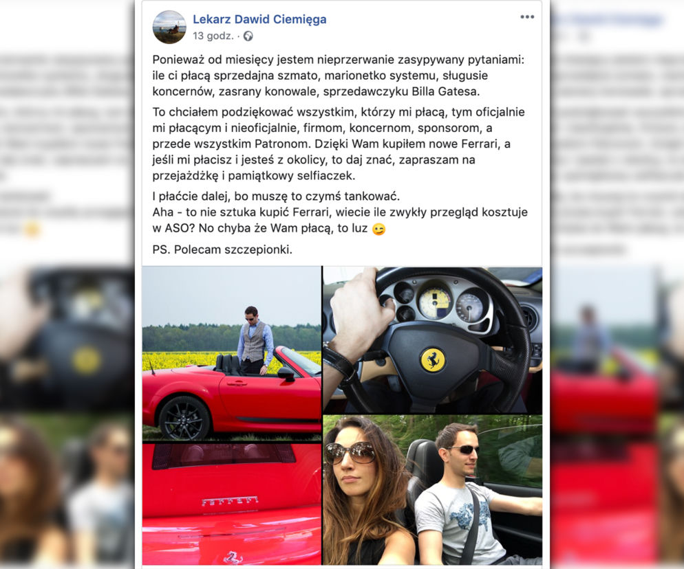 Dawid Ciemięga kupił Ferrari? Lekarz trolluje na facebooku