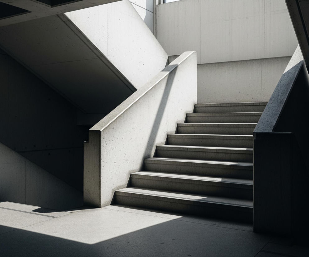 Główne światło pada na kamienne schody z poręczą po prawej stronie. Stopnie prowadzą w górę i w prawo, z kilkoma widocznymi podestami. Po lewej stronie schodów znajduje się ciemna, zacieniona przestrzeń, która przechodzi w jasno oświetloną ścianę z widoczną częścią kolejnych schodów. Cała struktura wykonana jest z szarego betonu, tworząc surową, geometryczną kompozycję z kontrastami światła i cienia.