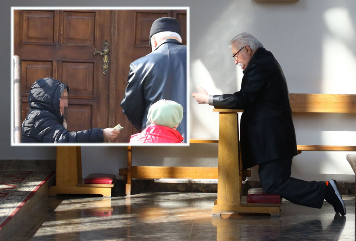 Lech Wałęsa daje pieniądze pod kościołem