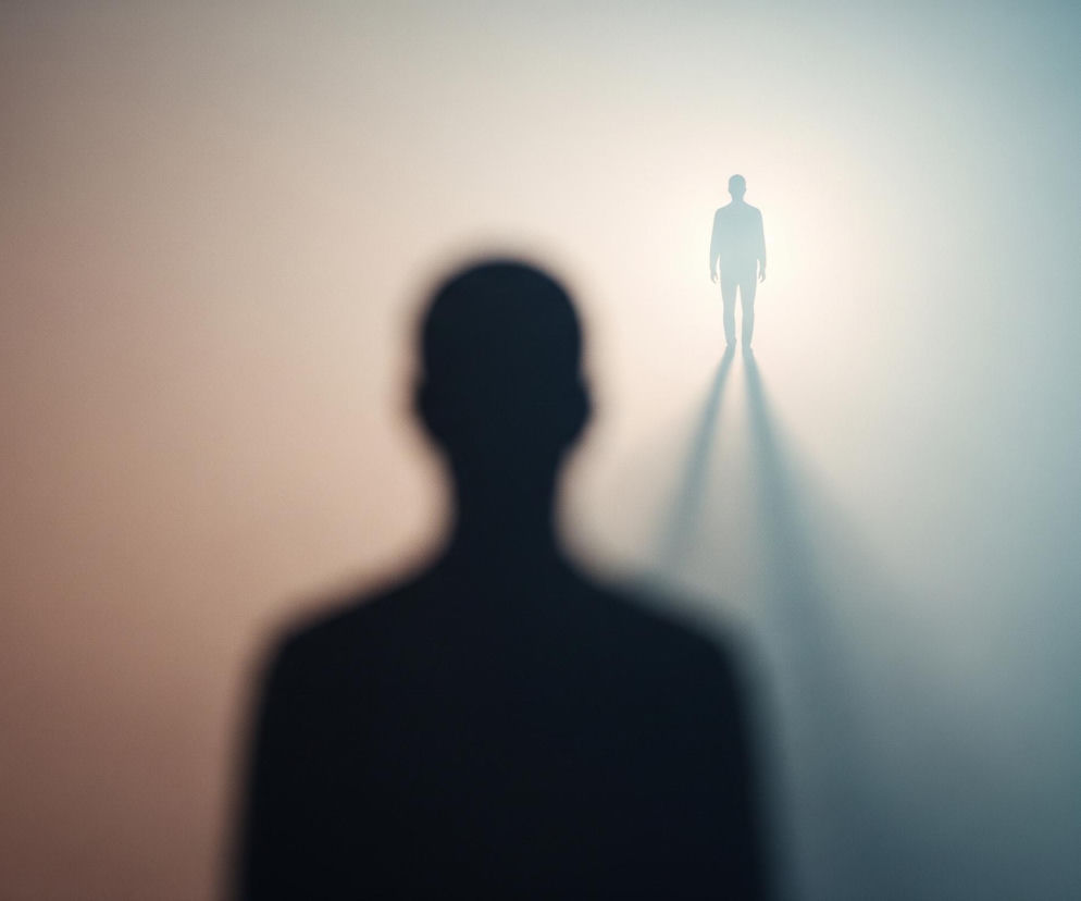 Centralnie na obrazie znajduje się ciemna, rozmyta sylwetka osoby, widoczna od ramion w górę, tyłem do widza. Dalej, w centrum, w jasnej poświacie, stoi wyraźniejsza, jaśniejsza sylwetka innej osoby, również tyłem, rzucająca długi cień w kierunku rozmytej postaci. Tło jest gradientem kolorów, przechodzącym od ciemnobrązowego i beżowego po lewej stronie do jasnoniebieskiego i turkusowego po prawej.