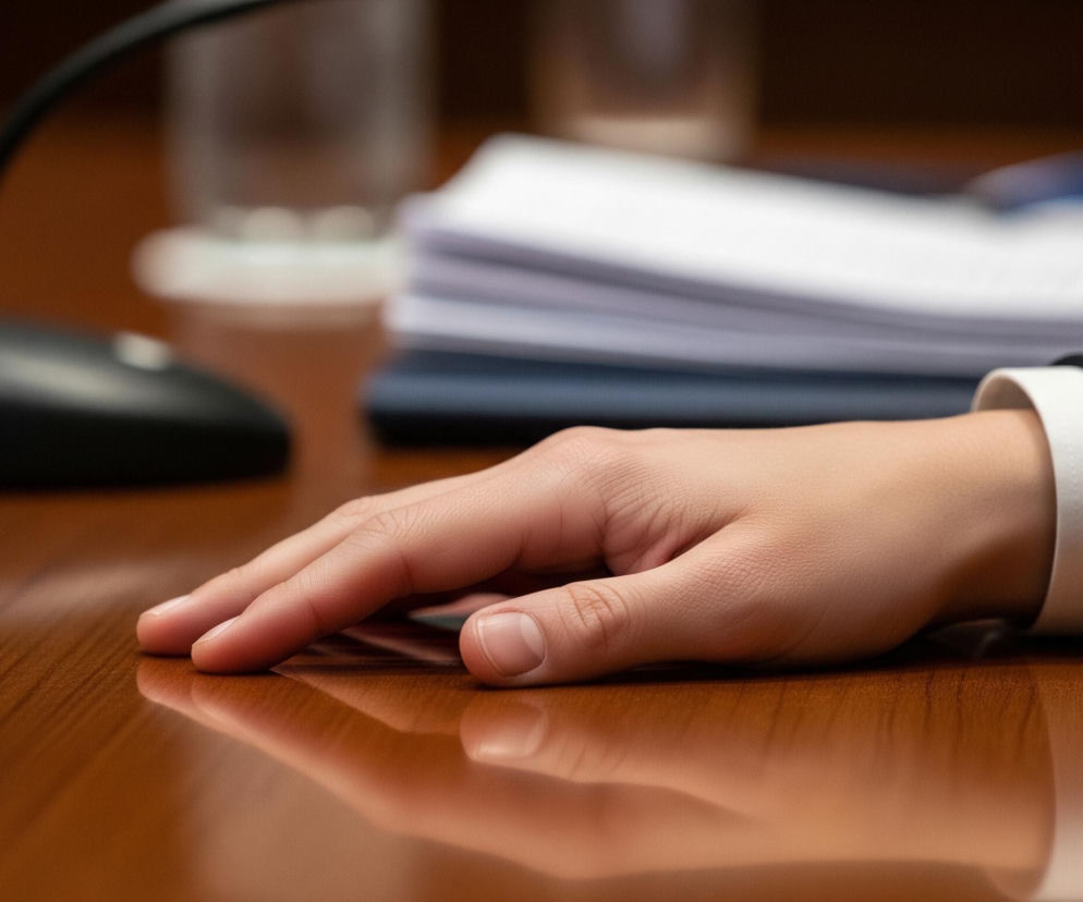 Na pierwszym planie, centralnie, leży otwarta dłoń, jej wewnętrzna strona spoczywa na lśniącej, drewnianej powierzchni stołu w kolorze mahoniowym. Dłoń należy do osoby ubranej w ciemny garnitur lub marynarkę, z białą mankietową koszulą wystającą spod rękawa. W tle, po lewej stronie, widoczna jest czarna podstawa mikrofonu z giętkim ramieniem skierowanym w górę i w lewo. Po prawej stronie w tle znajduje się stos białych kartek papieru i częściowo widoczna dłoń, która trzyma niebieski długopis.