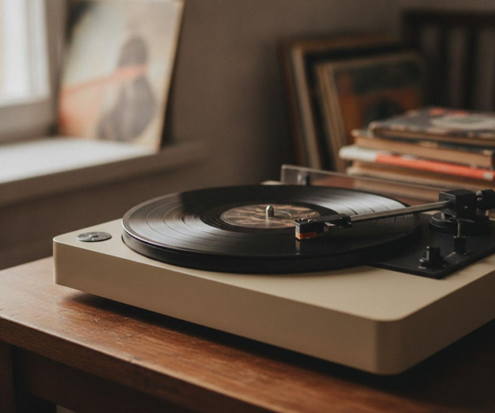 Gramofon z czarną płytą winylową stoi na drewnianym stole. W tle widać okładki płyt. Quiz o muzyce lat 60. znajdziesz w Eska.