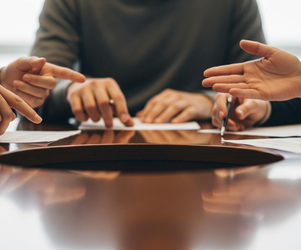 Cztery osoby siedzą wokół brązowego, owalnego stołu, którego powierzchnia odbija światło i sylwetki. Na stole leżą rozłożone białe dokumenty, a każdy z uczestników skupia się na nich, wskazując palcami lub trzymając długopisy. W centrum kadru widać dłonie i przedramiona, a ich właściciele noszą zarówno eleganckie koszule w paski z mankietami, jak i prosty, ciemny sweter.