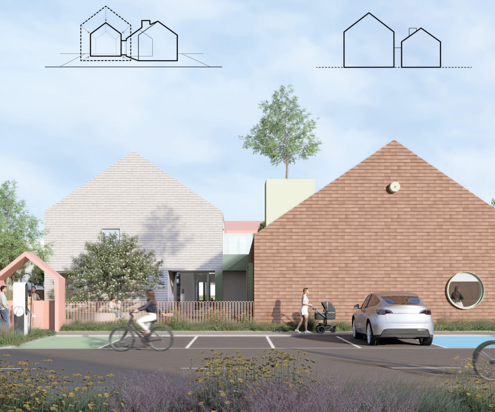 Dwa budynki ze spadzistymi dachami i komin z drzewem. Na górze szkice brył. Więcej o projekcie na Architektura.