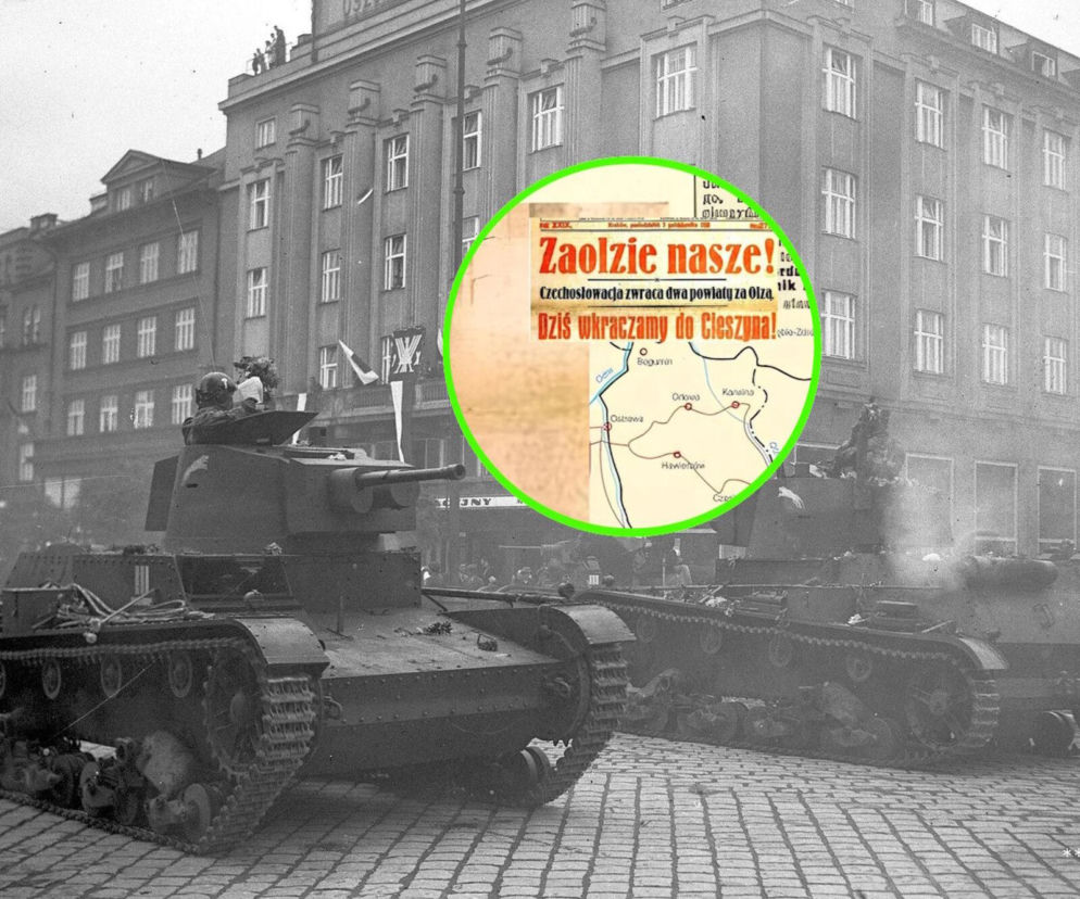 Polskie czołgi 7TP na ulicach Cieszyna w 1938 roku. Na miniaturze nagłówek Zaolzie nasze. Pisze o tym SE Portal Obronny.