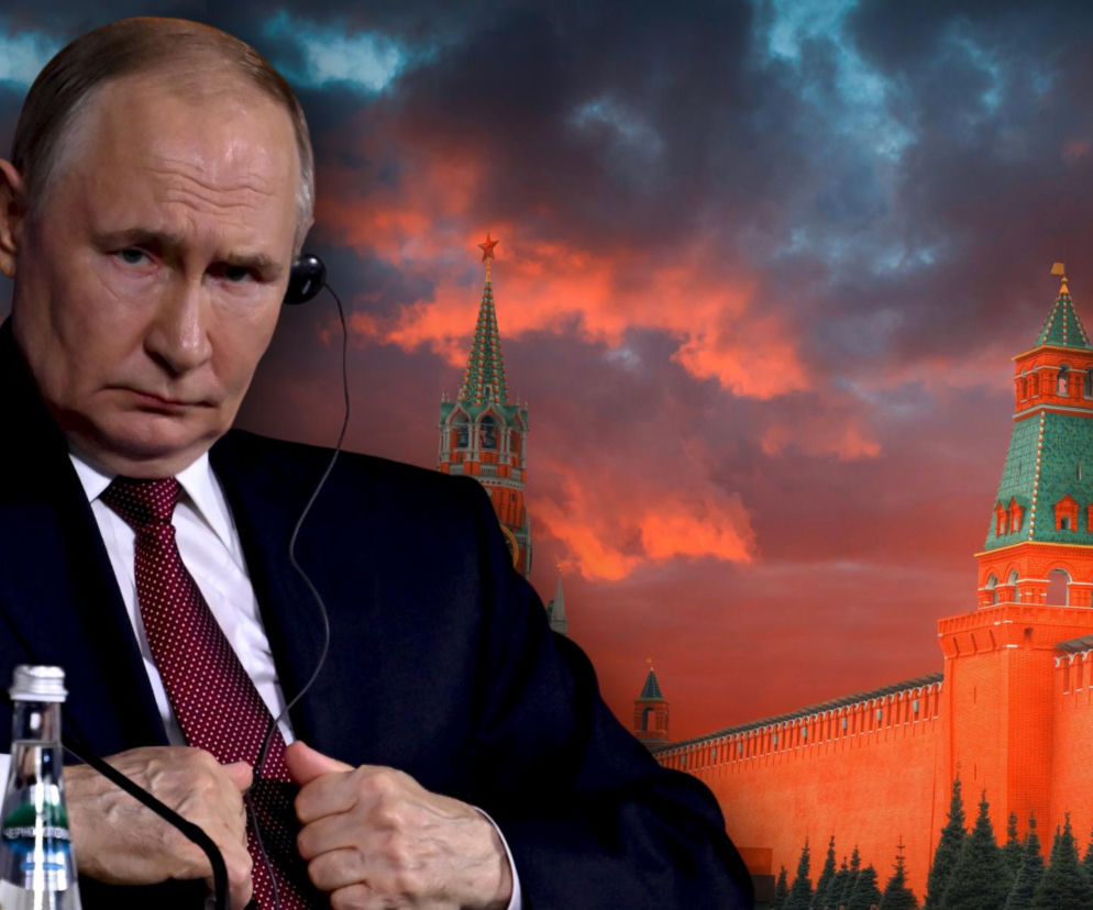 Władimir Putin w słuchawce na tle Kremla i ciemnego nieba. O raporcie ISW i groźbie ataku na NATO przeczytasz w Eska.