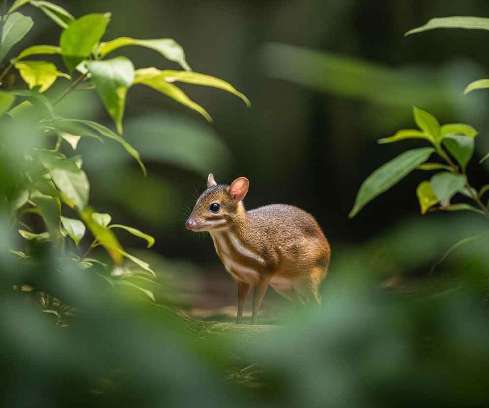 W centrum kompozycji znajduje się małe zwierzę o brązowo-złotawym futrze, z wyraźnymi białymi paskami na szyi i klatce piersiowej. Ma czarne, okrągłe oczy, delikatny, ciemny nos i różowe uszy. Zwierzę stoi stabilnie na brunatnej powierzchni, otoczone z przodu i z boków rozmazaną zielenią liści, które tworzą efekt ramy i głębi. Tło jest ciemniejsze, składające się z rozmytych zielonych liści i cieni, z jaśniejszymi akcentami światła padającego na niektóre liście i futro zwierzęcia.