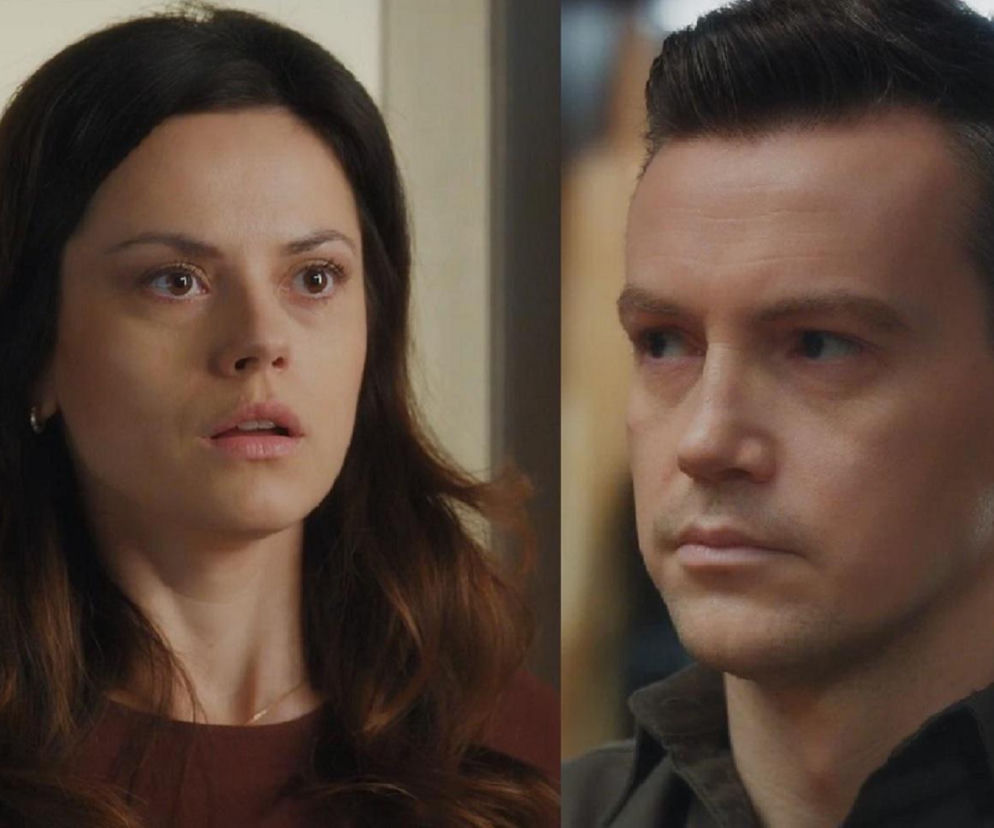 Zaskoczona Kasia (Paulina Lasota) i poważny Jakub Karski (Krzysztof Kwiatkowski) z serialu M jak miłość. Ich spojrzenia wyrażają napięcie przed ujawnieniem prawdy o ojcostwie. Więcej o ich losach dowiesz się na Super Seriale.