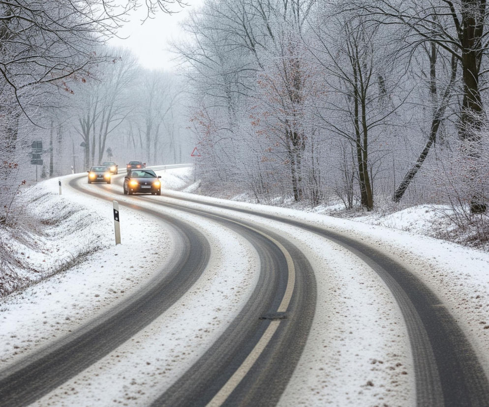 Droga wijąca się przez zaśnieżony las dominuje w centrum obrazu, z czterema samochodami z włączonymi światłami mijania, podążającymi za zakrętem w oddali. Asfaltowa nawierzchnia jest częściowo pokryta śniegiem i błotem pośniegowym, tworząc ciemne pasy, podczas gdy pobocza są całkowicie białe. Nagie drzewa, których gałęzie są pokryte szronem lub śniegiem, otaczają drogę, tworząc gęstą, zimową scenerię.