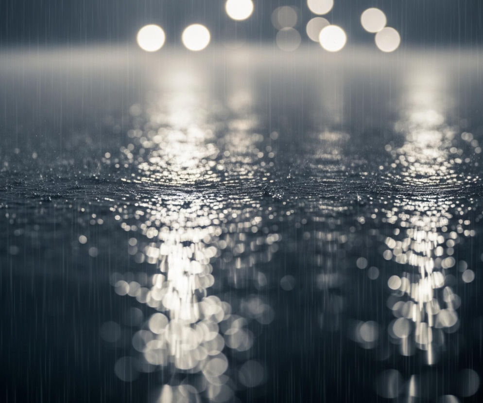 Ciemną, deszczową noc. W centrum kadru widać powierzchnię wody, na której odbijają się rozmyte, jasne światła tworzące wydłużone, migoczące pasy. Liczne krople deszczu spadają na tę powierzchnię, tworząc drobne rozbryzgi i kręgi. W tle, na ciemnym, rozmytym horyzoncie, widoczne są okrągłe, rozproszone źródła światła, wyglądające jak latarnie lub światła samochodów. Dominują odcienie szarości, bieli i granatu, tworząc melancholijną atmosferę.