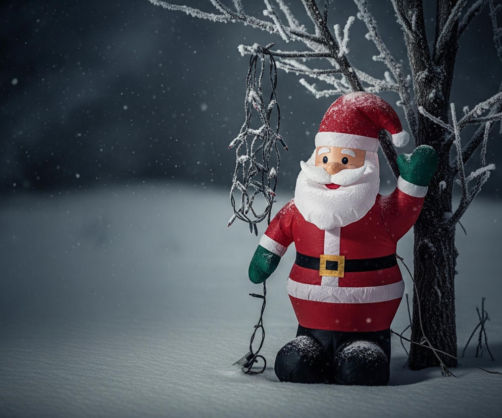 Na tle zimowego, ciemnego krajobrazu, centralne miejsce zajmuje dmuchana figurka Świętego Mikołaja w czerwonym stroju z białymi detalami, zielonymi rękawicami i złotą sprzączką paska. Mikołaj, z uśmiechniętą twarzą i białą brodą, stoi na zaśnieżonej ziemi, a do jego lewej ręki przymocowana jest czarna girlanda z nieświecącymi lampkami. Za nim, po prawej stronie, wznosi się ciemny pień drzewa z ośnieżonymi gałęziami, a w tle widać padający śnieg i rozmytą perspektywę zasypanego śniegiem terenu.