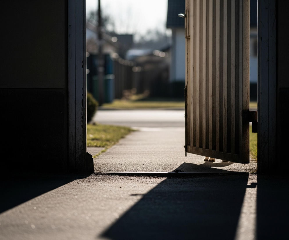 Otwarta furtka z pionowymi panelami jest widoczna w prawym centrum kadru, rzucając długi cień na szary chodnik w świetle zachodzącego słońca. Obramowanie futryny jest częściowo oświetlone od góry, tworząc kontrast z ciemnym wnętrzem po lewej stronie. Poza furtką, w oddali, widać rozmyty krajobraz z fragmentem zielonej trawy i zarysami budynków.