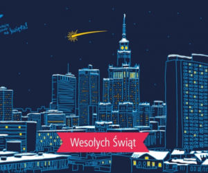Kartka świąteczna z panoramą Warszawy