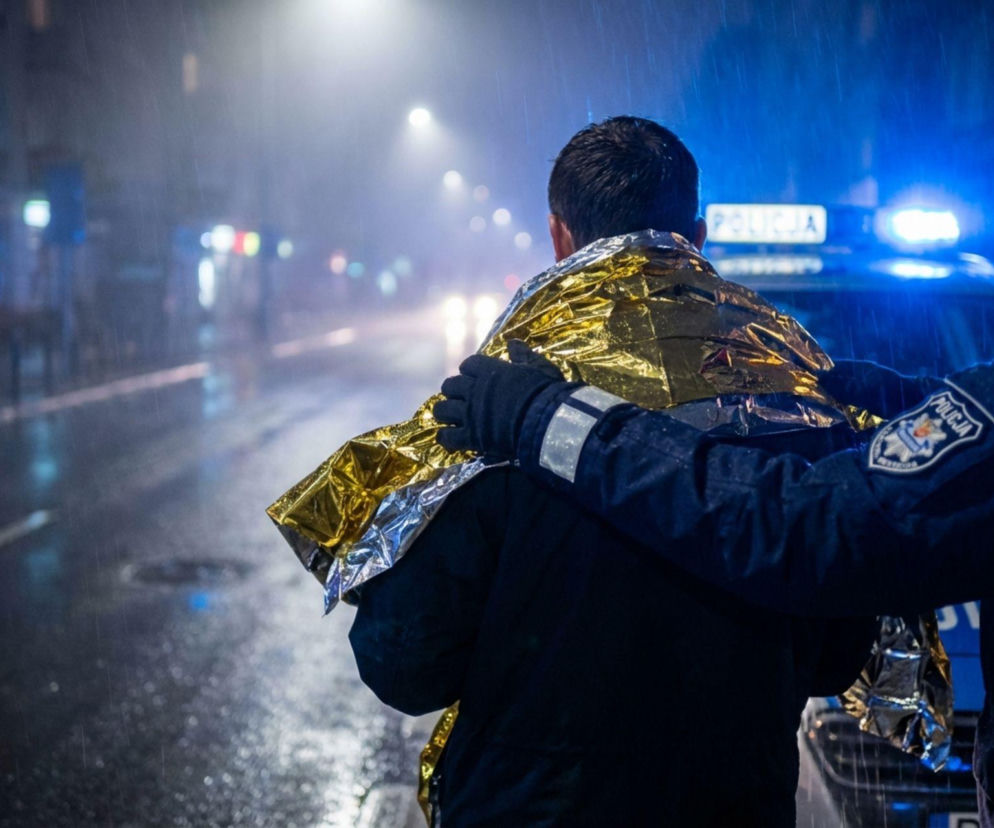 Policjant okrywający osobę kocem termicznym