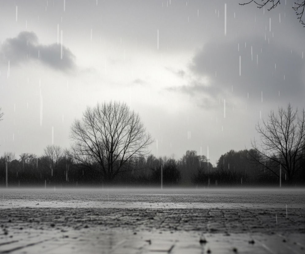 Scena ukazuje deszczowy, pochmurny dzień, utrzymany w monochromatycznej palecie szarości. Na pierwszym planie widoczna jest mokra nawierzchnia, prawdopodobnie chodnik lub droga, z widocznymi pojedynczymi kroplami deszczu i refleksami światła. Horyzont wypełnia linia drzew o ciemnych, nagich gałęziach, za którymi rozciąga się mglista przestrzeń. Niebo jest zasnute chmurami, a przez całą scenę pionowo spadają liczne, jasne smugi deszczu.
