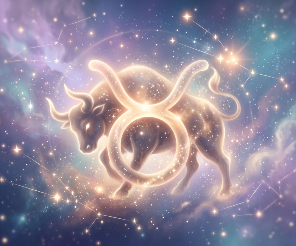 Świecący symbol zodiakalnego Byka na tle gwieździstego kosmosu. O horoskopie dla Byka przeczytasz na Eska.