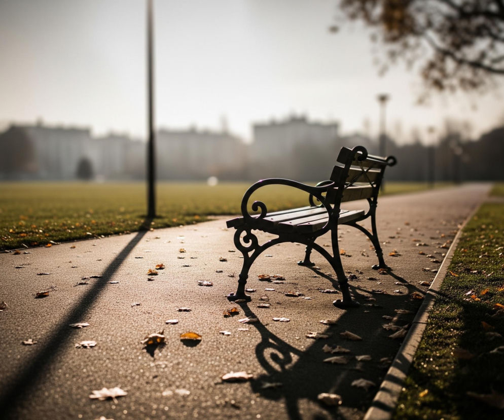 Głównym elementem obrazu jest ciemna ławka parkowa z ozdobnymi, metalowymi elementami, ustawiona na chodniku po prawej stronie. Chodnik pokryty jest licznymi, suchymi liśćmi w odcieniach brązu i pomarańczu, a słońce rzuca na niego długie cienie od ławki oraz słupa latarni widocznego po lewej stronie. Obok chodnika rozciąga się zielona trawa, również z rozsypanymi liśćmi, a w tle widać rozmyte kontury budynków i drzew na tle jasnego, zamglonego nieba.