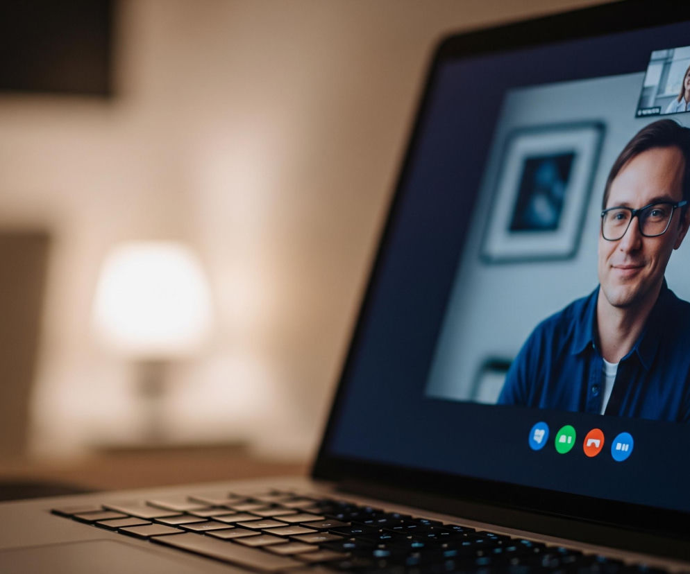 Laptop w srebrnym kolorze, z otwartą klapą, ustawiony jest pod kątem, ukazując ekran z wideorozmową. Na ekranie dominuje uśmiechnięty mężczyzna w okularach i granatowej koszuli, z krótkimi ciemnymi włosami. W prawym górnym rogu ekranu, w mniejszym oknie, widoczna jest kobieta o blond włosach. U dołu ekranu znajdują się kolorowe ikony sterujące połączeniem: zielone, pomarańczowe i niebieskie. Klawiatura laptopa, z czarnymi klawiszami, znajduje się na pierwszym planie, częściowo poza ostrością, a w tle widać rozmazane światło lampy.