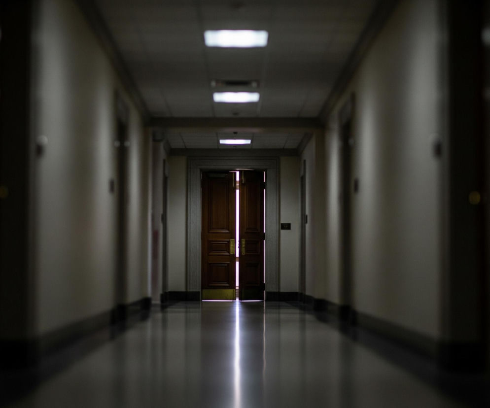 Długi korytarz, wyłożony jasnymi, beżowymi ścianami, biegnie w głąb obrazu, znikając w oddali. Na jego końcu, pośrodku, znajduje się uchylone, brązowe drzwi, z których wnętrza wydobywa się intensywne, jasne światło, tworzące smugę refleksów na ciemnej, lśniącej podłodze. Wzdłuż sufitu rozmieszczone są prostokątne, białe lampy, równomiernie oświetlające przestrzeń, a po obu stronach korytarza widać rzędy innych, zamkniętych drzwi.
