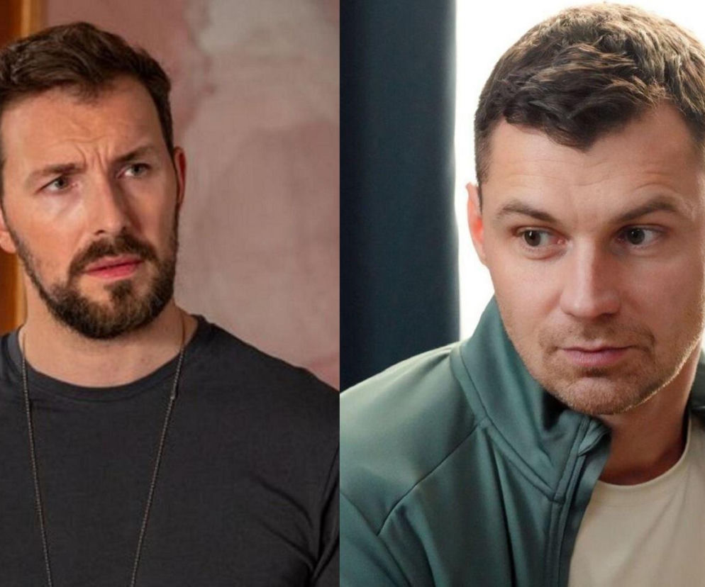 Zdjęcie przedstawia dwóch mężczyzn. Po lewej Darek (Andrzej Niemyt) z brodą i w czarnej koszulce. Po prawej Karol (Jan Wieczorkowski) w zielonej bluzie, patrzący w bok. Obaj wyglądają na zmartwionych, co pasuje do kontekstu artykułu o przesłuchaniu w sprawie zabójstwa Stefaniaka w Barwach szczęścia na Super Seriale.