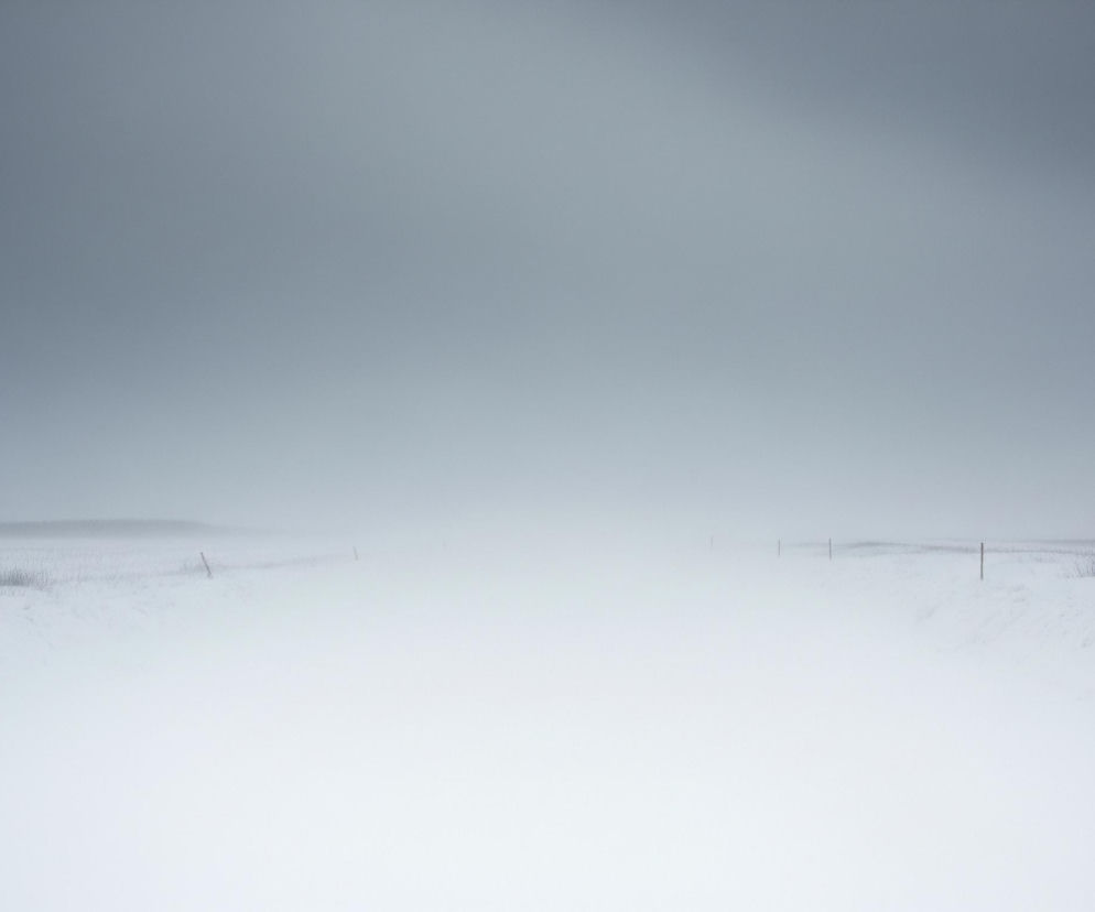 Ośnieżony, równinny krajobraz rozciąga się pod zachmurzonym, szarym niebem, które blednie ku białemu horyzontowi. Centralna część obrazu to szeroka, zasypana śniegiem przestrzeń, która przechodzi w gęstą mgłę w oddali. Po obu stronach, bliżej krawędzi kadru, widoczne są niskie, pokryte śniegiem zarośla i pojedyncze, cienkie słupki, wyznaczające prawdopodobnie drogę lub pole.