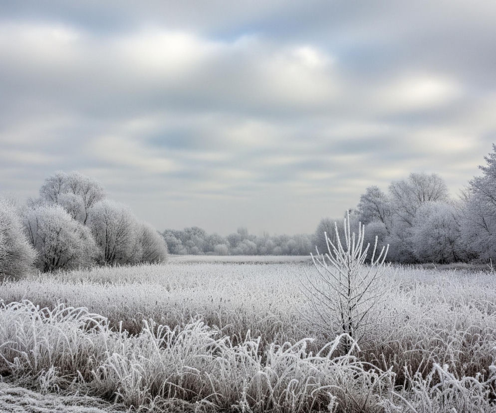 Rozległe, zimowe pole pokryte jest grubą warstwą szronu, nadając mu biały, puszysty wygląd. Liczne, niewysokie krzewy i trawy w pierwszym planie lśnią od szronu, wyróżniając się na ciemniejszym tle gleby. W środku pola stoi niewielkie drzewko z pokrytymi szronem gałęziami, a w tle widać linię drzew i krzewów, również oszronionych, tworzących naturalną barierę. Pochmurne, jasnoszare niebo z subtelnymi odcieniami błękitu i jaśniejszymi smugami chmur rozciąga się nad całym krajobrazem.