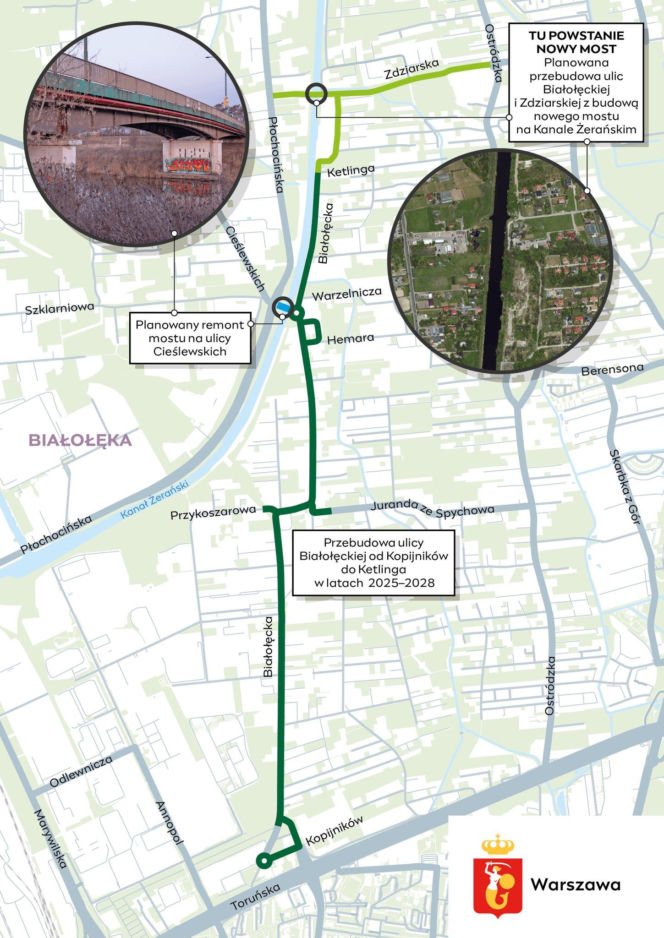 Mapa lokalizacji remontowanego i planowanego mostu na Białołęce w Warszawie