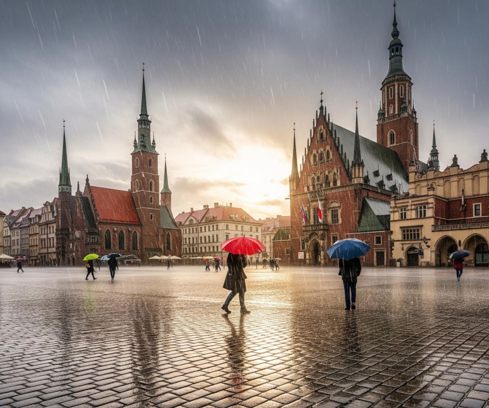 Na pierwszym planie widoczny jest brukowany plac, lśniący od deszczu, z odbiciami światła zachodzącego słońca. Na placu przemieszczają się ludzie z otwartymi parasolami w różnych kolorach: czerwonym, niebieskim, żółtym i czarnym, chroniąc się przed intensywnie padającym deszczem, którego krople są widoczne na ciemnym niebie. W tle dominuje historyczna architektura, z wysokimi, spiczastymi wieżami kościołów oraz ceglanymi budynkami ze spadzistymi dachami i ozdobnymi fasadami, a słońce przebija się przez chmury po prawej stronie, oświetlając fragment nieba i budynków.