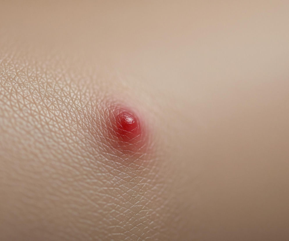 Czerwona, wypukła krosta znajduje się centralnie na beżowej skórze. Obszar wokół krosty jest lekko zaczerwieniony, a struktura skóry, z widocznymi drobnymi zagłębieniami i liniami, jest wyraźnie widoczna w zbliżeniu. Oświetlenie pada z lewej strony, tworząc delikatne cienie i podkreślając teksturę powierzchni.