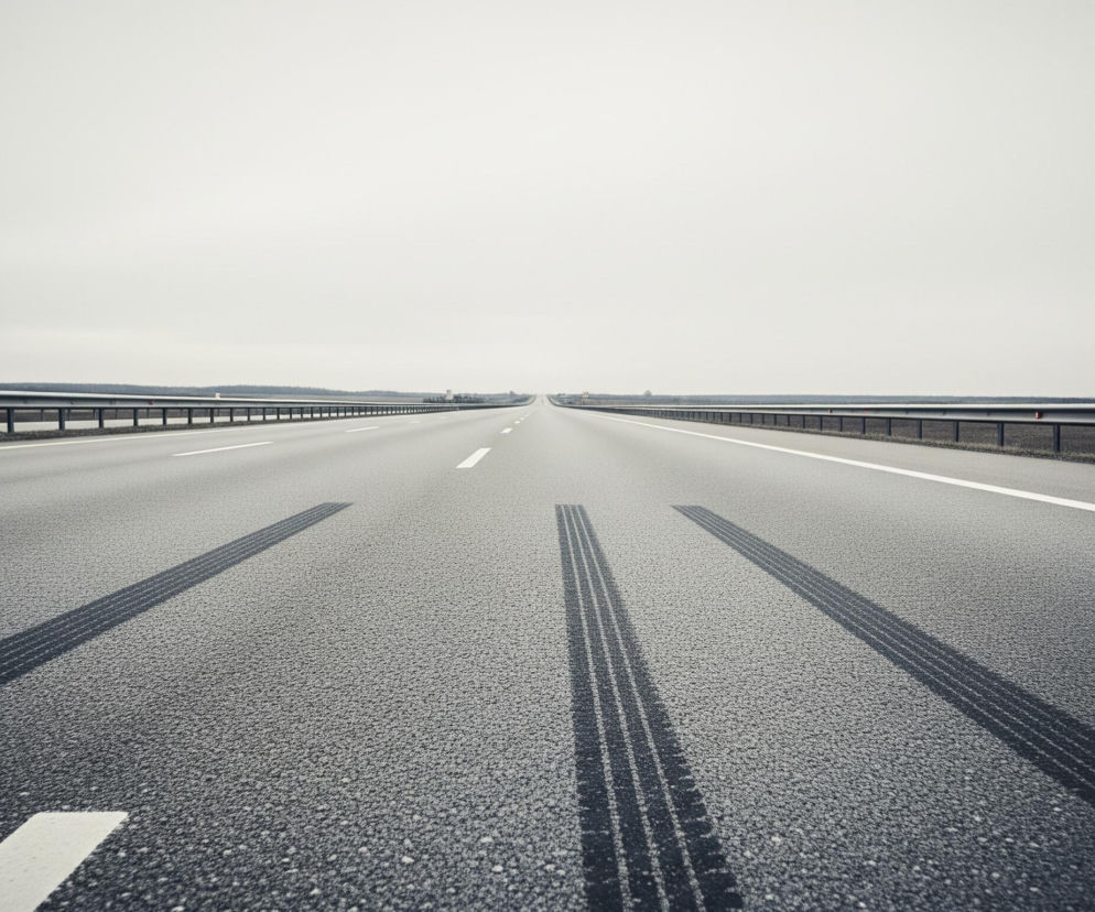 Szeroką, prostą autostradę o szarej nawierzchni, biegnącą w perspektywę aż do horyzontu pod jasnoszarym, zachmurzonym niebem. Na asfalcie widoczne są trzy ciemne ślady opon w przedniej części kadru, po obu stronach białych linii poziomych. Po bokach drogi rozciągają się metalowe barierki ochronne, za którymi widać pasy zieleni i ciemne drzewa na horyzoncie.