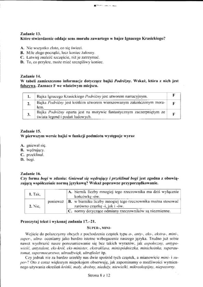 EGZAMIN GIMNAZJALNY 2012, JĘZYK POLSKI - ARKUSZE, PYTANIA, ODPOWIEDZI - TEST GIMNAZJALNY 2012 JEZYK POLSKI