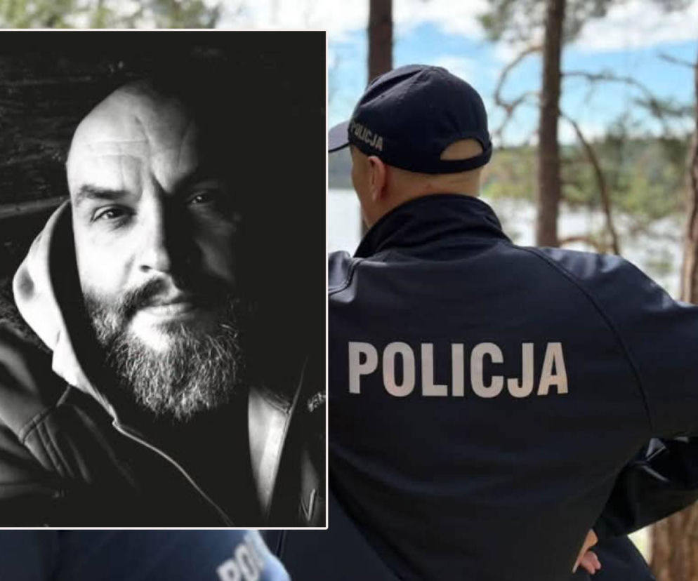 Policjant tyłem w lesie. Obok na miniaturze portret Witolda Płóciennika. O akcji poszukiwawczej czytaj na SE.