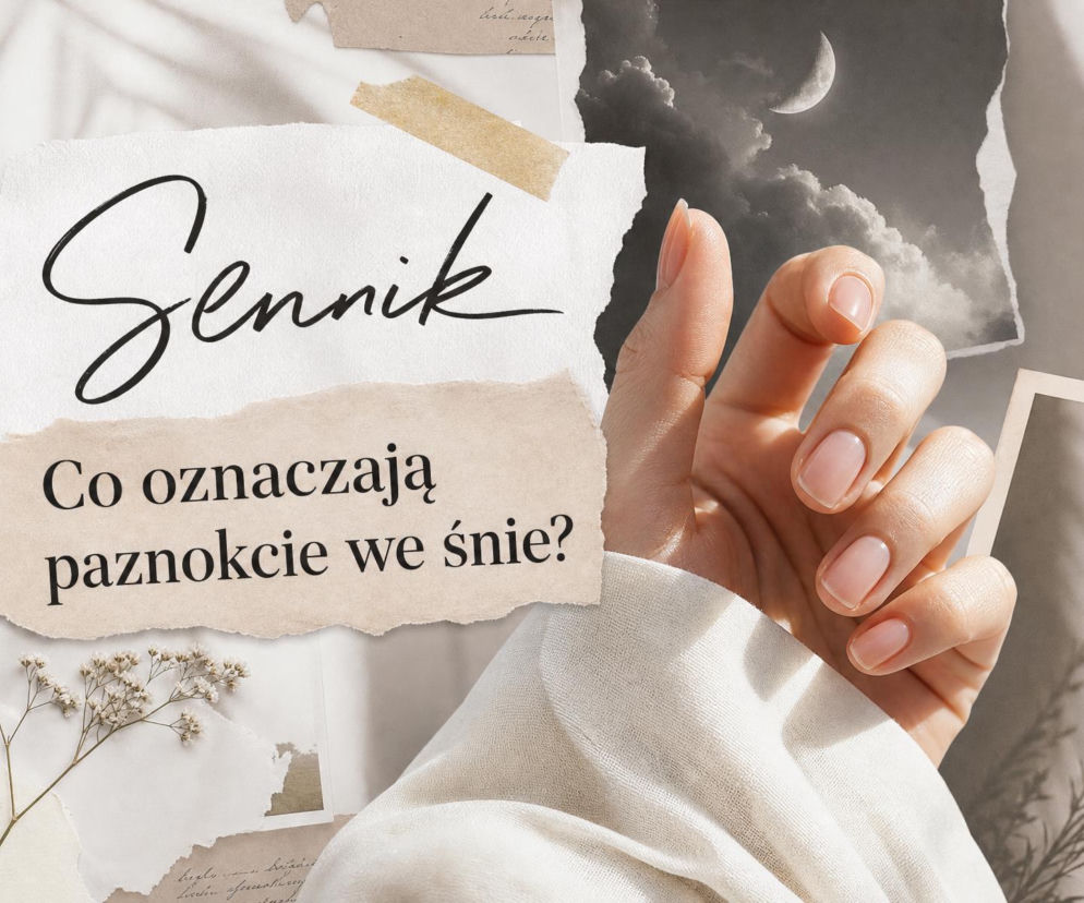 Dłoń kobiety z zadbanymi paznokciami na tle kolażu. Znaczenie snów o paznokciach sprawdzisz w senniku na SE.