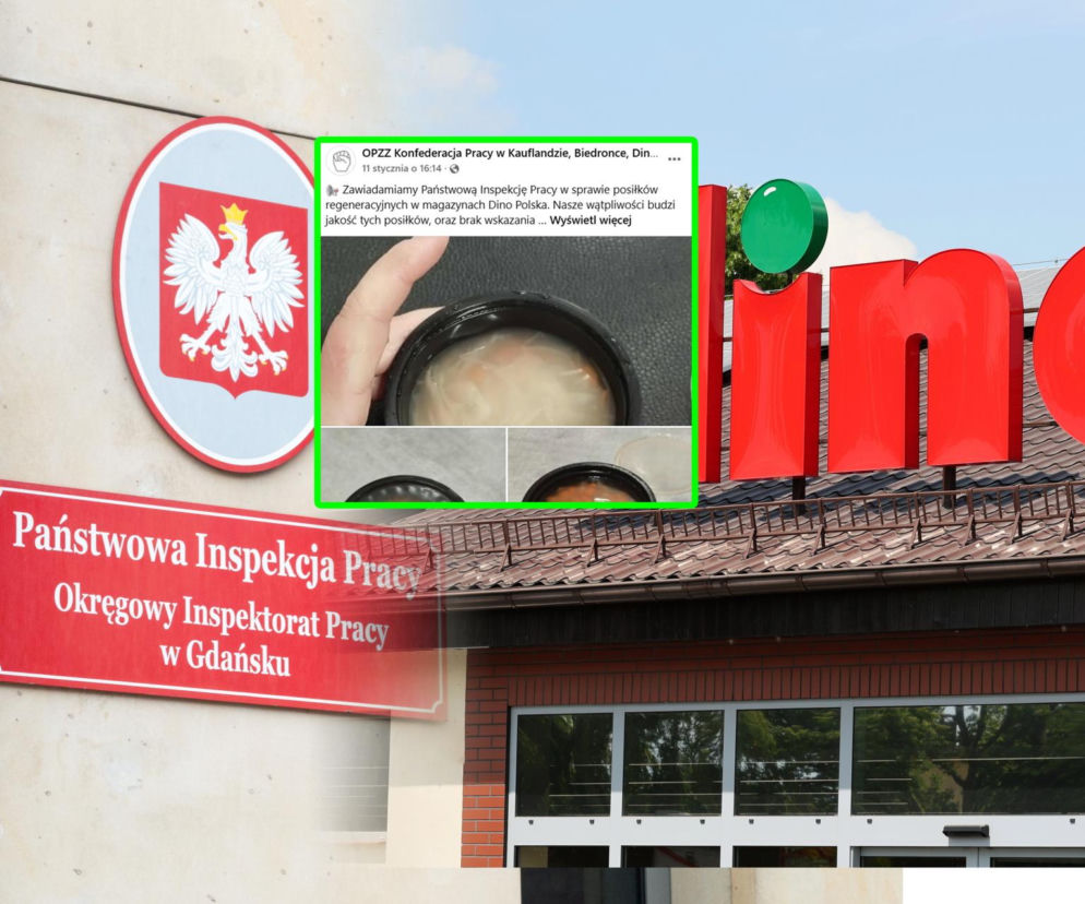 Zawiadomienie OPZZ Konfederacji Pracy do Państwowej Inspekcji Pracy w Gdańsku, z zamieszczonymi zdjęciami posiłków regeneracyjnych dla pracowników Dino. Sprawę warunków pracy w sieci handlowej opisuje Super Biznes.