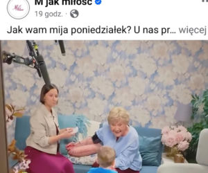 M jak miłość nowy sezon. Agnes (Amanda Mincewicz), Antoś (Mikołaj Jankowski), Barbara (Teresa Lipowska) na planie