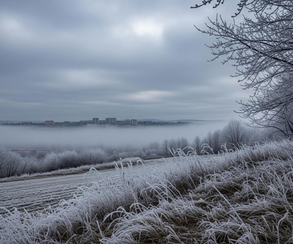 Mroźny, zimowy krajobraz z niebem pokrytym szarymi chmurami zajmującymi górną połowę obrazu. W tle, na horyzoncie, widoczne są szare wieżowce częściowo zasłonięte gęstą mgłą, która wypełnia dolinę i pokrywa drzewa na dalszym planie. Na pierwszym planie po lewej stronie znajduje się zaorane pole pokryte szronem, a po prawej stronie wznosi się porośnięte trawą i krzewami wzniesienie, które także są pokryte grubą warstwą szronu, nadając im biały kolor. Po prawej stronie w kadrze widoczne są nagie, oszronione gałęzie drzewa.