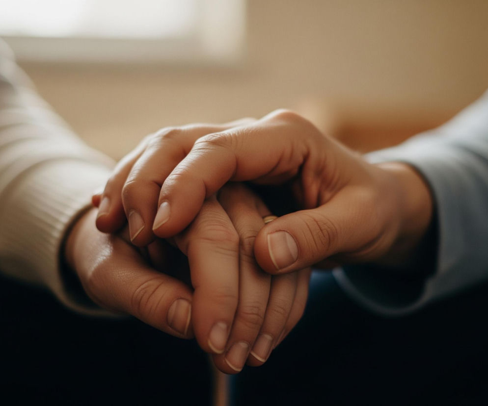 Dwie dłonie, z beżowym swetrem z prawej i niebieską koszulą z lewej, splatają się ze sobą na pierwszym planie, dominując centralną część obrazu. Na palcu dłoni ubranej w beżowy sweter widoczny jest złoty pierścionek. Tło rozmyte, z jasnym punktem w górnej części, sugerującym okno, nadaje całości ciepły, intymny charakter.