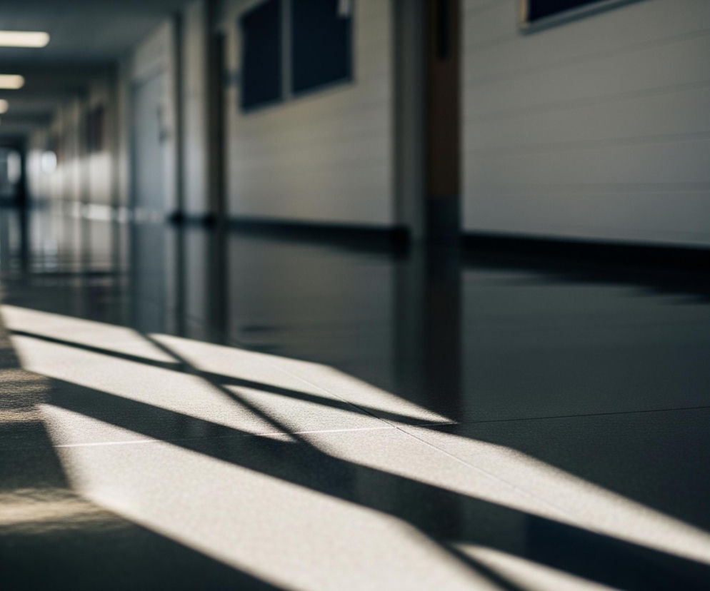 Długi korytarz z rzędem prostokątnych, podłużnych lamp fluorescencyjnych na suficie rozciąga się w głąb obrazu. Na połyskującej podłodze, pokrytej kwadratowymi, ciemnymi płytkami, widoczne są wyraźne, ukośne cienie, tworzące geometryczne wzory. Po prawej stronie biegnie jasna, poziomo żebrowana ściana z dwoma ciemnymi tablicami korkowymi, natomiast po lewej stronie znajdują się białe drzwi i fragment ściany w zbliżonym odcieniu. Na końcu korytarza widoczne jest jasne, rozmyte światło wpadające z zewnątrz, tworząc wrażenie głębi i perspektywy.