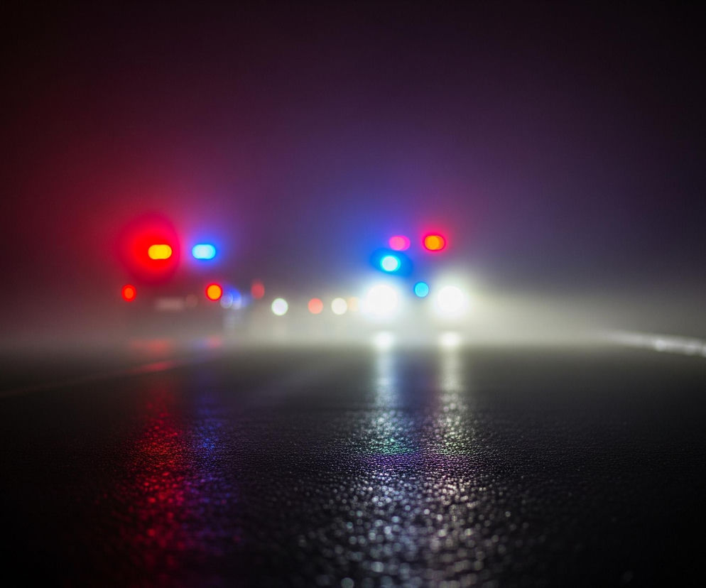 Nocna scena ukazuje drogę oświetloną migającymi, rozmytymi światłami dwóch pojazdów w oddali. Na ciemnej, wilgotnej nawierzchni drogi odbijają się intensywnie czerwone i niebieskie refleksy z sygnałów świetlnych, tworząc mokre plamy światła. Pierwszy pojazd po lewej stronie emanuje głównie czerwonym światłem, podczas gdy drugi, po prawej, charakteryzuje się niebieskimi i białymi światłami, sugerującymi reflektory. Całość otacza gęsta mgła, która rozmywa kontury i rozprasza światło.