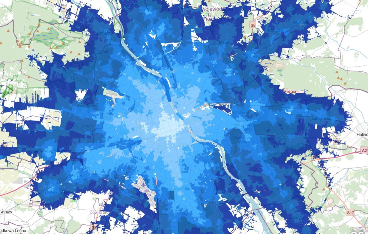 Mapa czasu dojazdu komunikacją miejską do centrum Warszawy