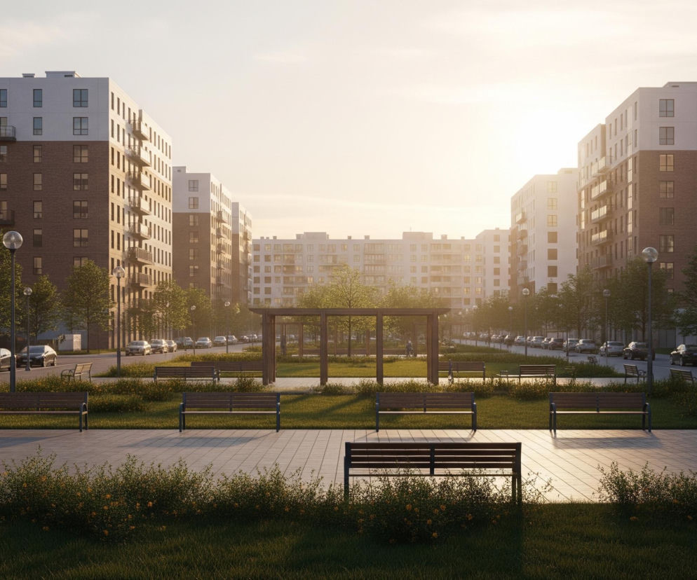 Scena przedstawia szeroki widok osiedla mieszkaniowego, z rzędami wielopiętrowych budynków ciągnących się wzdłuż obu stron ulicy. Centralnie umiejscowiony jest park lub pas zieleni, z licznymi ławkami, krzewami o żółtych kwiatach i chodnikami, oświetlony ciepłym, zachodzącym słońcem, które tworzy długie cienie. Na ulicy, po obu stronach zieleni, zaparkowane są samochody, a drzewa wzdłuż krawędzi ulicy rzucają cień na jezdnię. Budynki charakteryzują się dwukolorową elewacją – ceglasty dół i jasny, biały lub beżowy górny segment, z licznymi balkonami.