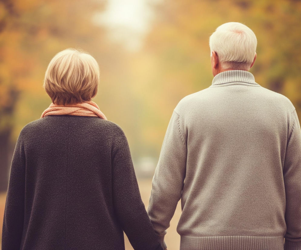 Para osób w podeszłym wieku idzie ścieżką w parku, trzymając się za ręce, ujęta od tyłu. Kobieta po lewej ma krótkie, blond włosy i ciemny sweter, a na szyi owinięty brzoskwiniowy szalik. Mężczyzna po prawej ma białe włosy i jasnoszary sweter z golfem. Tło stanowią rozmyte drzewa z liśćmi w jesiennych odcieniach żółci, pomarańczy i brązu, a w oddali widać jaśniejszy, mleczny obszar, prawdopodobnie niebo.
