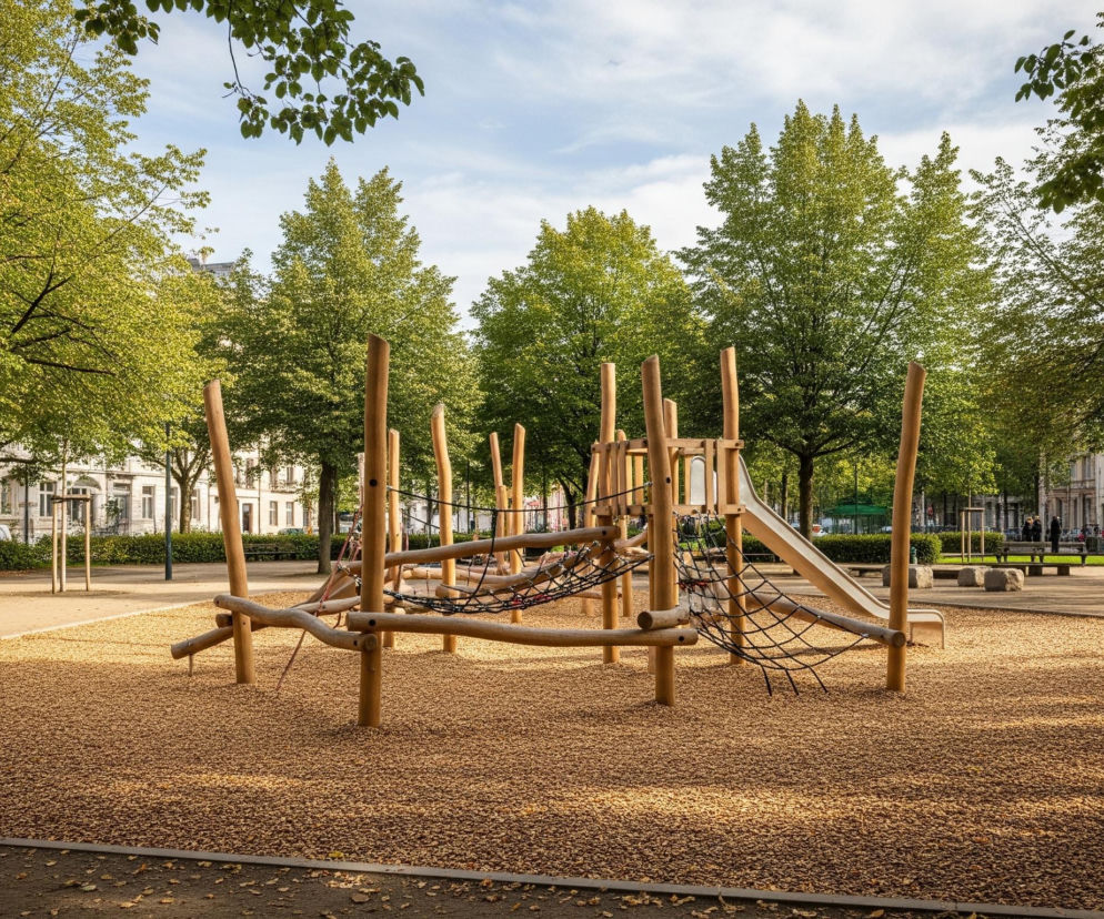 Drewniany plac zabaw z licznymi palikami i linowymi siatkami rozciągniętymi między nimi, otoczony grubą warstwą jasnobrązowej ściółki, stanowi centralny punkt obrazu. Po prawej stronie konstrukcji widoczna jest biała zjeżdżalnia. Plac zabaw znajduje się w parku z alejkami wysypanymi ciemnobrązowym żwirem, a po bokach rosną liczne drzewa o jasnozielonych liściach. W tle widoczne są dwu- i trzypiętrowe budynki z białymi fasadami oraz zaparkowane samochody.