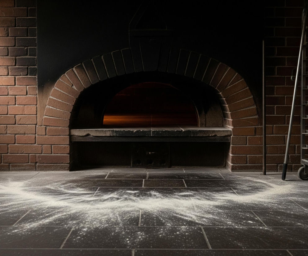 Centralnie, w ceglanej ścianie znajduje się ciemny, sklepiony piec z płonącym żarem wewnątrz. Przed piecem, na ciemnej, kafelkowanej podłodze rozsypana jest jasna, biała mąka, tworząca nieregularny wzór. Po lewej stronie, na ceglanej ścianie wisi metalowe urządzenie. Po prawej stronie kadru stoi metalowy wózek na kółkach z pustymi, poziomymi półkami.