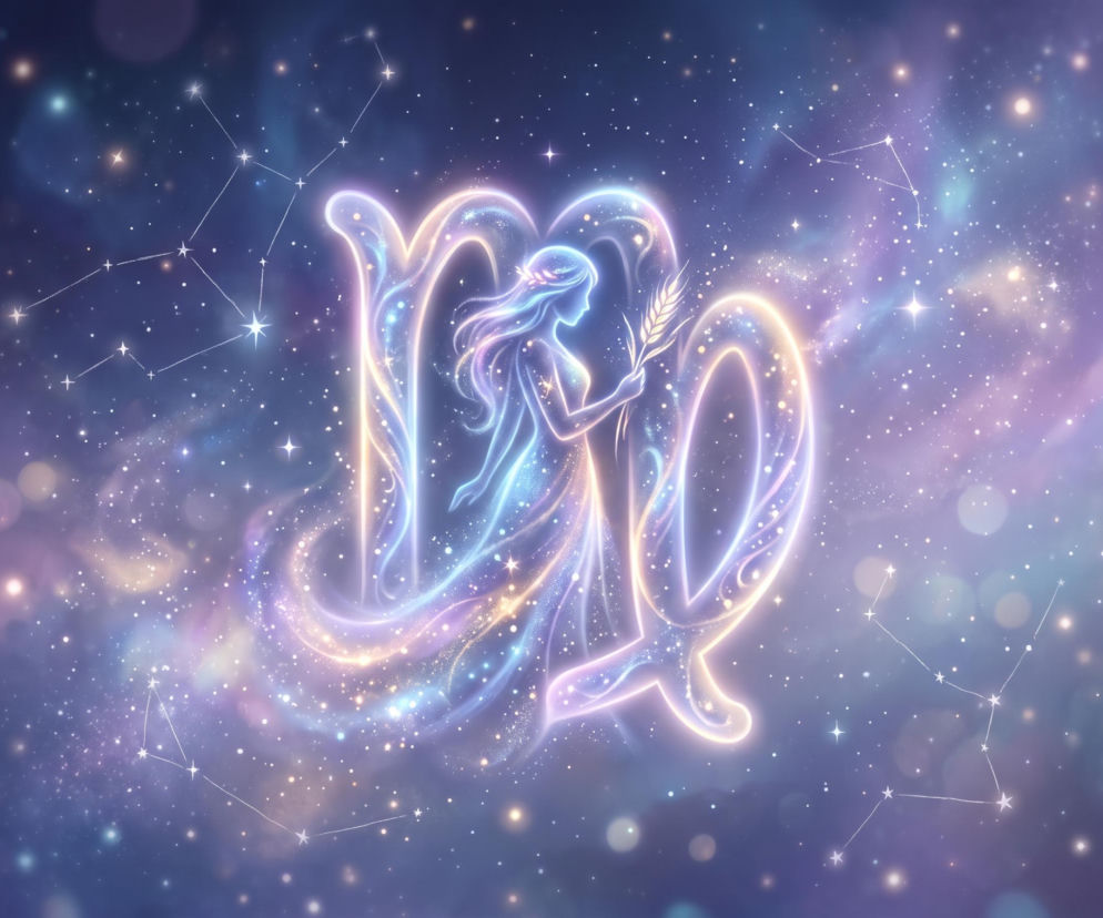 Świecący symbol zodiakalnej Panny na tle gwieździstego nieba. O horoskopie dla Panny przeczytasz w serwisie Eska.